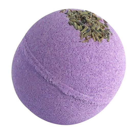 Round purple bath bomb with lavender buds on top on white background