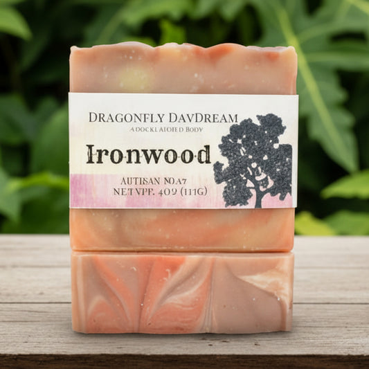Artisan soap bar with 'Dragonfly Daydream' label on a white background