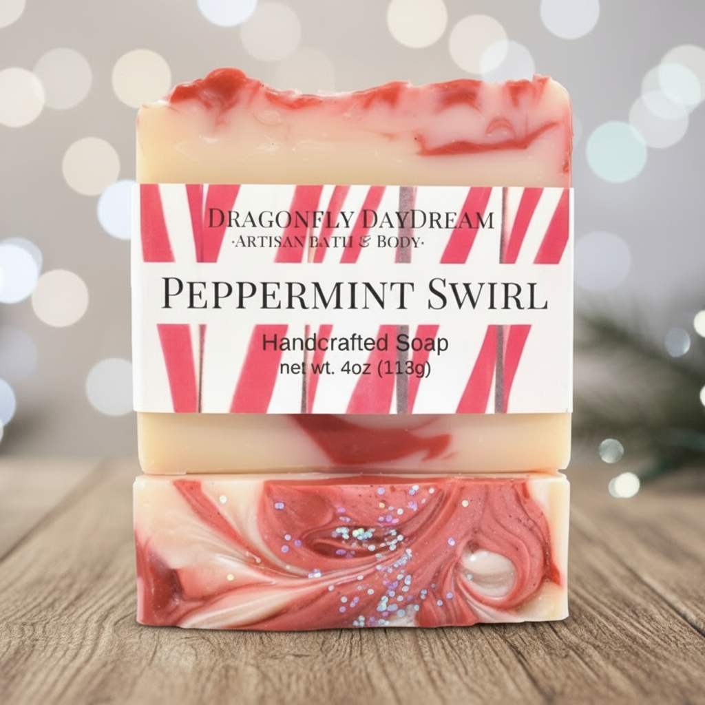 Peppermint swirl soap with a label on a wooden surface