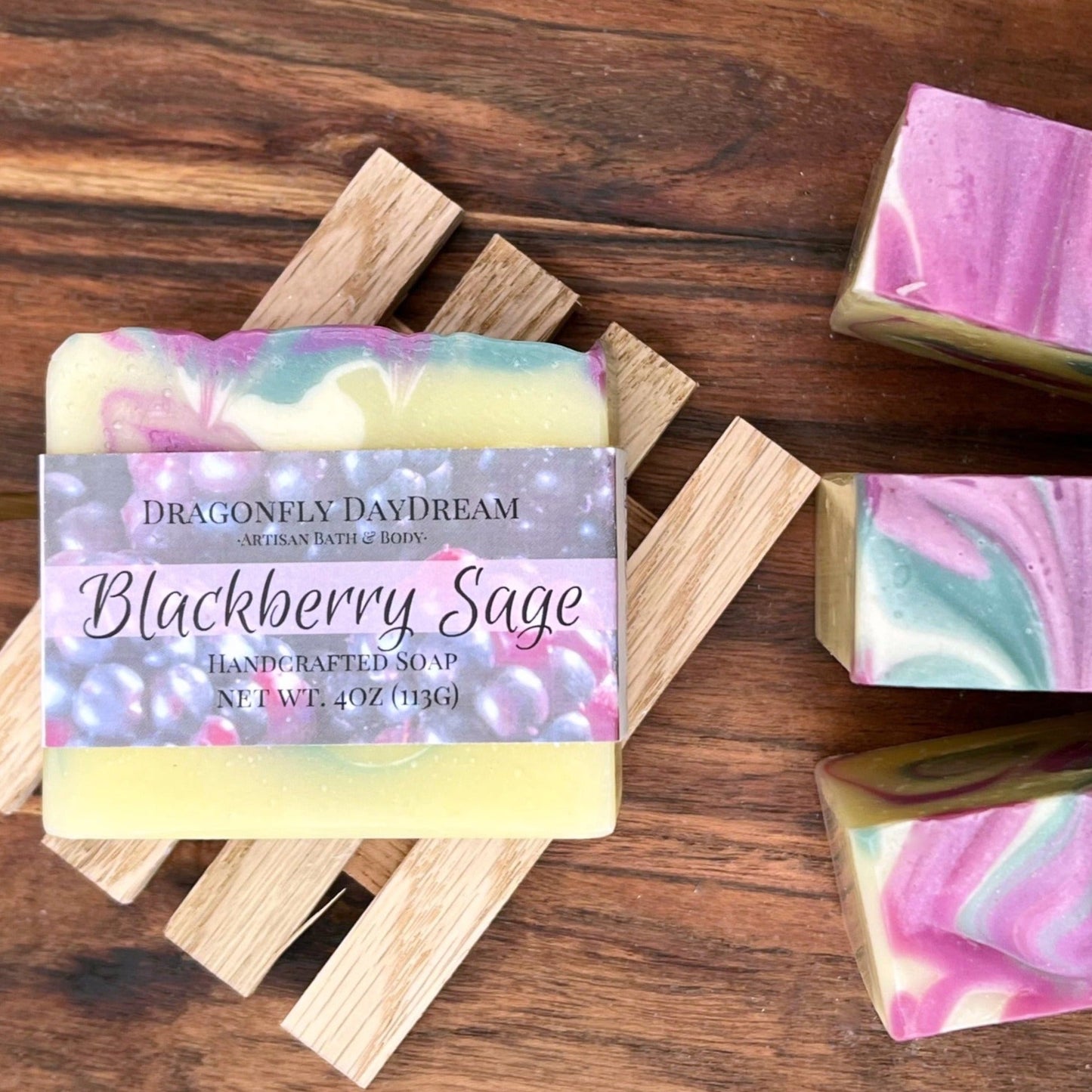 Bar of handmade soap, purple, green swirls