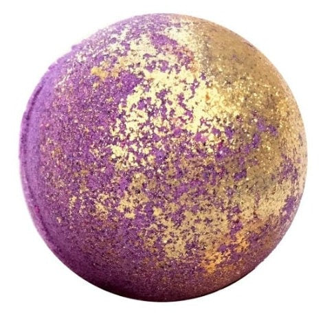 Photo of 7oz purple round bath bomb with gold eco-glitter